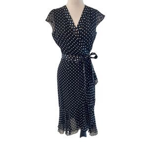 Etcetera Women's Polka Dot Flutter Cap Sleeve Silk Wrap Dress Black White Size 4